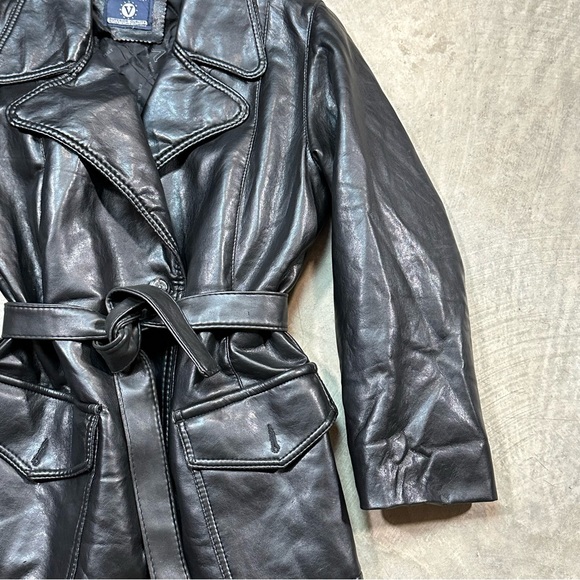 Vintage Black Leather Made in Italy Quilted Interior Trench Coat with Belt ptp21 - Picture 12 of 15